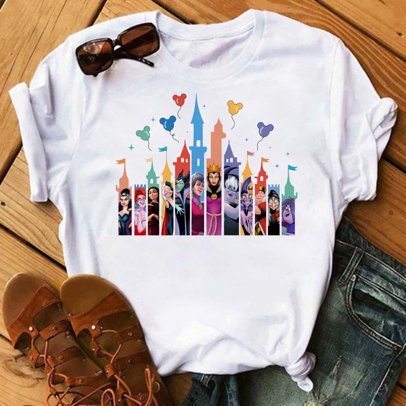 Funny Summer Disney Villains Printed Women T Shirts Round Neck Y2k Clothes Cartoon Graphic T Shirts 90s Female Tops Tees