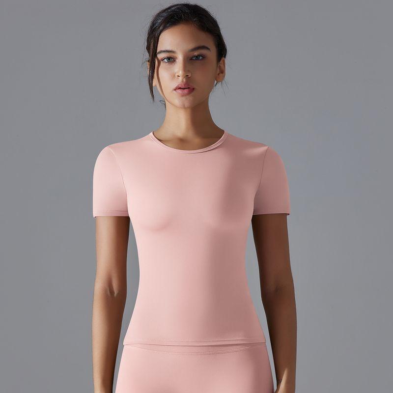 2025 Summer Pure Color Double-Sided Brushed High Elastic Tight Breathable Yoga Clothes Short Sleeve Sports Running Workout T-shirt Women