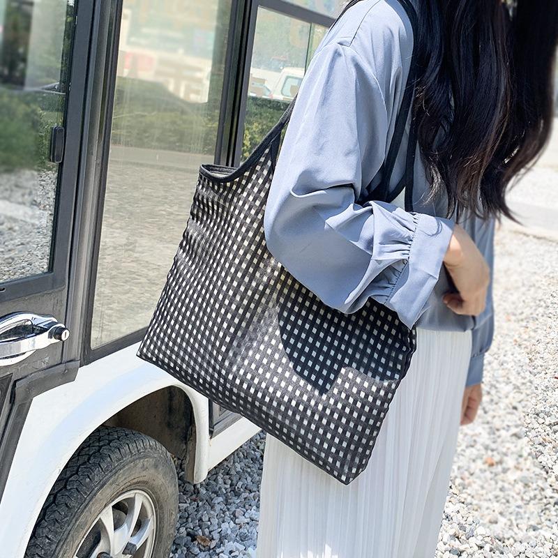 Simple Plaid Canvas Bag Female Single Shoulder Summer Literary Large Capacity Bag