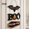 Outdoor Halloween Door Decor Happy Wooden Sign, Cute Bat Ghost Pumpkin Boo Hanger, Trick Scary Front or Treat Wall Hanging Sign for Party, Door, Home