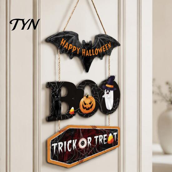 Outdoor Halloween Door Decor Happy Wooden Sign, Cute Bat Ghost Pumpkin Boo Hanger, Trick Scary Front or Treat Wall Hanging Sign for Party, Door, Home
