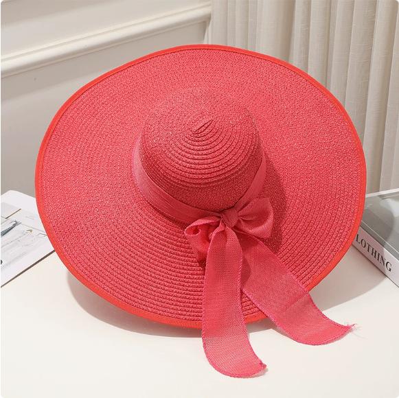 Cappello da Sole Estivo a Tesa Larga per la Spiaggia all'Aperto Moda Bordo Larga Pieghevole Cappello da Sole da Donna Colore Unito Decorazione Fiocco Cappello a Cilindro