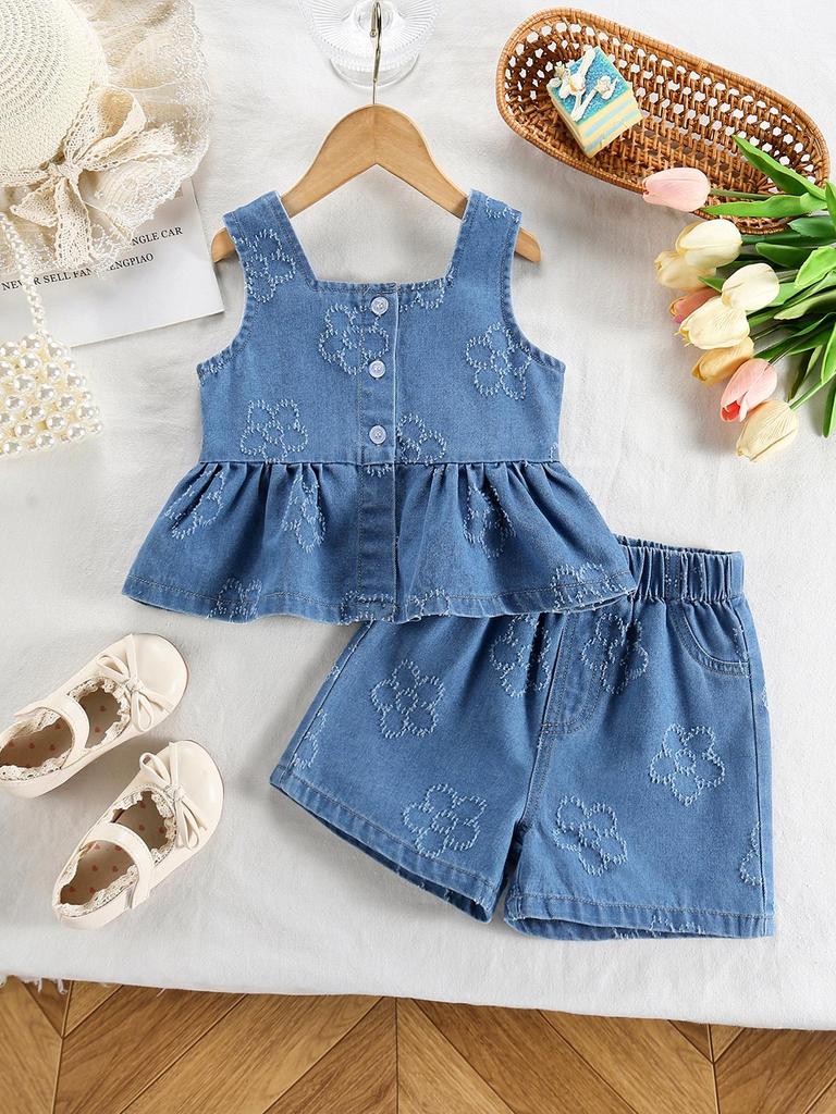 Girls' Two-Piece Outfit: Casual & Simple Sleeveless Vest Top with Cute Floral Accents, Paired with Stylish Denim Shorts