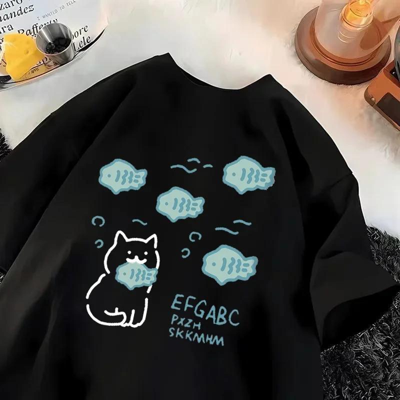 Summer Fashion Cute Little Fish Cat Cartoon Printing Universal Loose Casual Tshirt Simple Short Sleeve Women Tshirt Clothing S