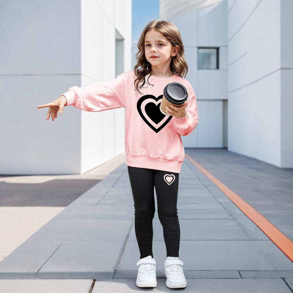 Summer Children's Casual Cartoon Love Printed Long-sleeved Sweatshirt and Leggings Suit