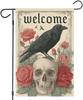 Linen Material- Welcome Garden Ag 11.81 X 17.72 Inch Gothic Crow Skull Rose Design Vintage Oral Yard Decoration for Outd GGX
