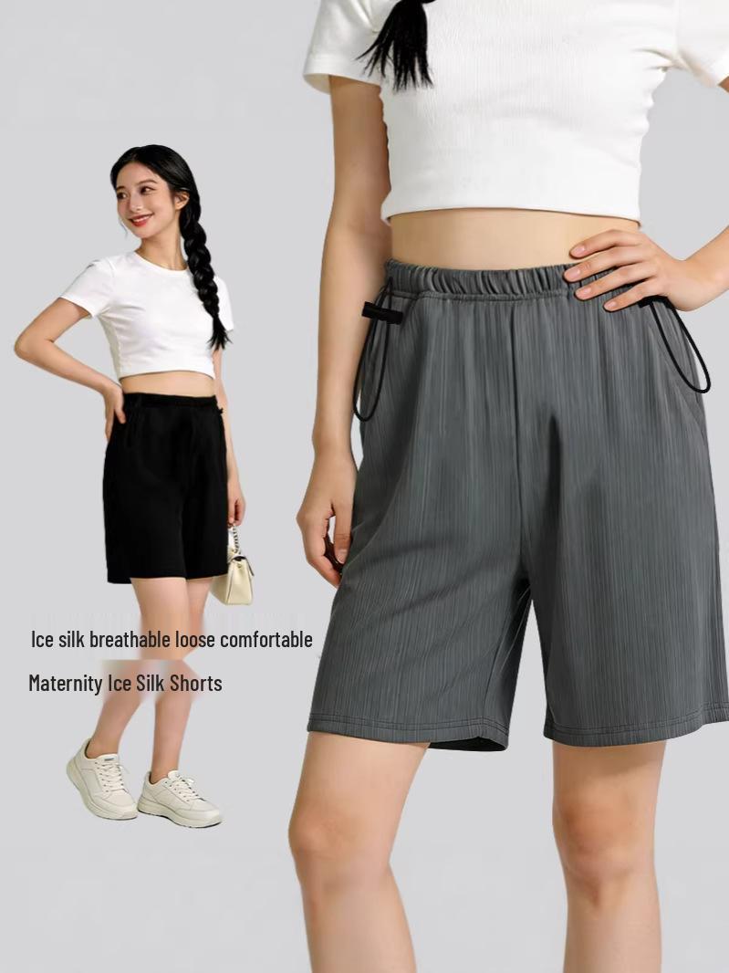 Petite Ice Silk Maternity Capri Pants – Summer Style, No Belly Support, Casual Wear. XL (130-150 lbs) серый