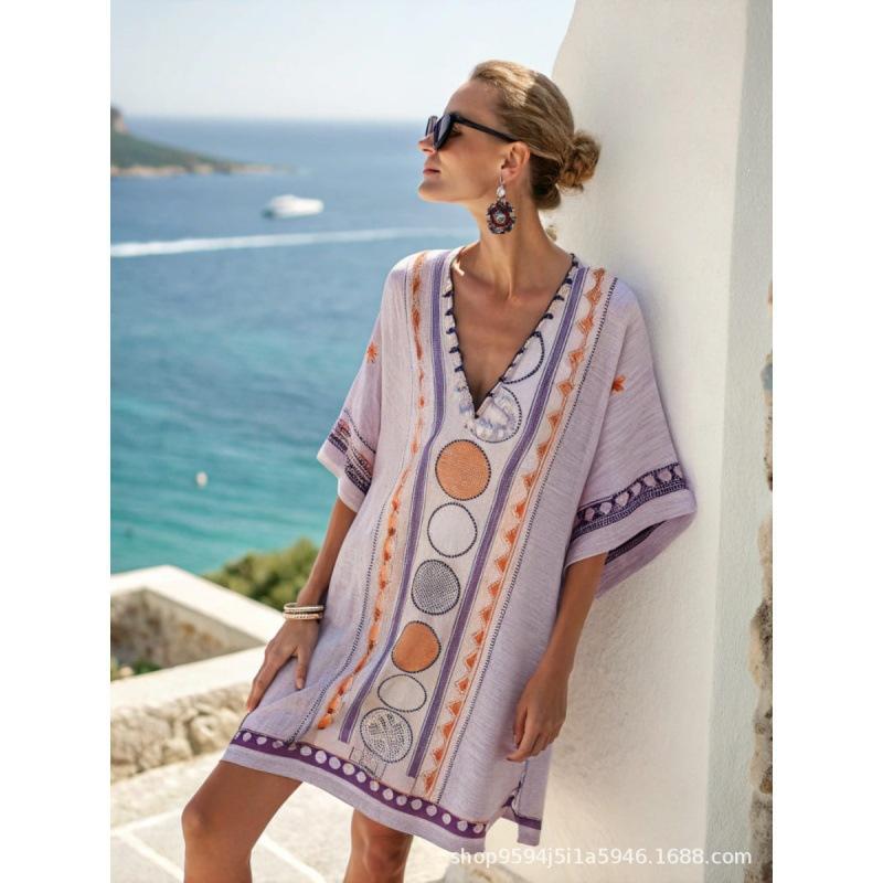 2026 women's V-neck dress seaside vacation 3D printing loose skirt beach