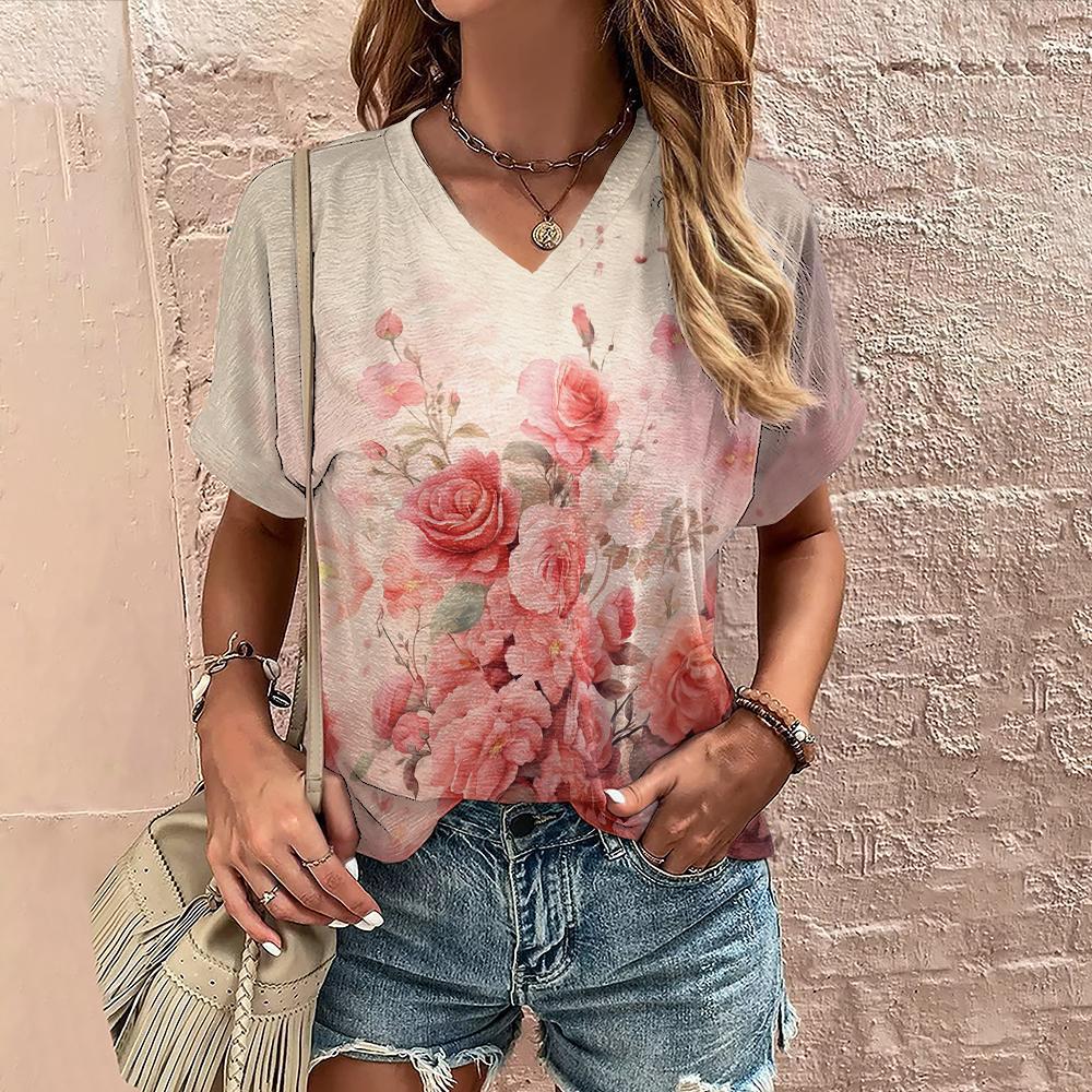 Flower 3D printed T-shirt for women, V-neck short sleeved
