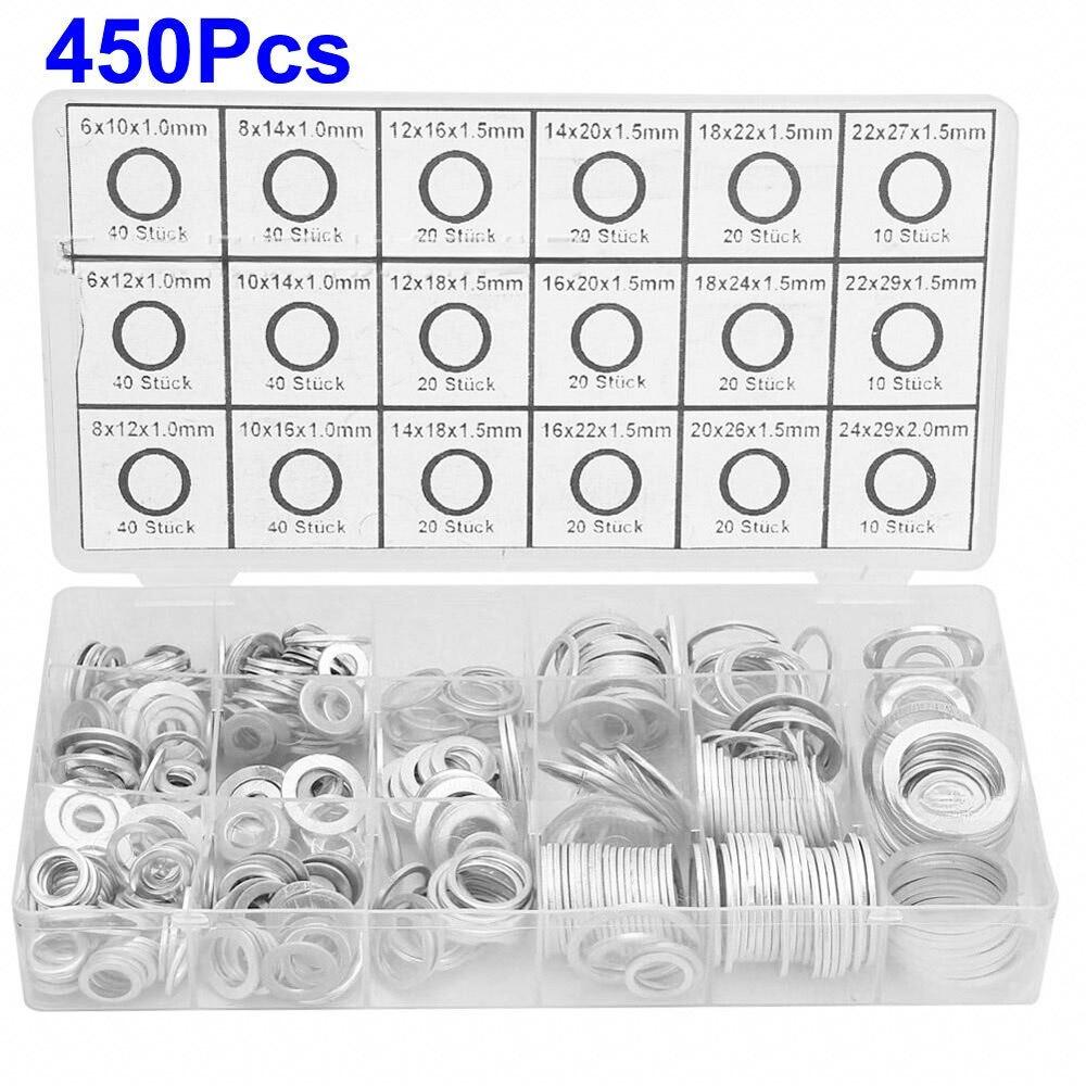 450Pcs Aluminum Washer Kit M6-M24 High Temperature Resistant Round Sealing Gasket Set
