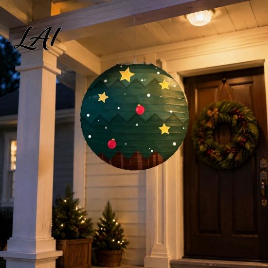Sturdy Metal Frame Paper Lanterns Christmas Lantern Cute Gingerbread Man Snowman Elk Pattern Ceiling Hanging Collapsible Decorative 12 Inch