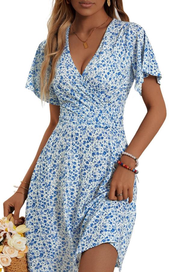 Summer Floral Short Sleeve Wrap V-Neck A Line Midi Dress