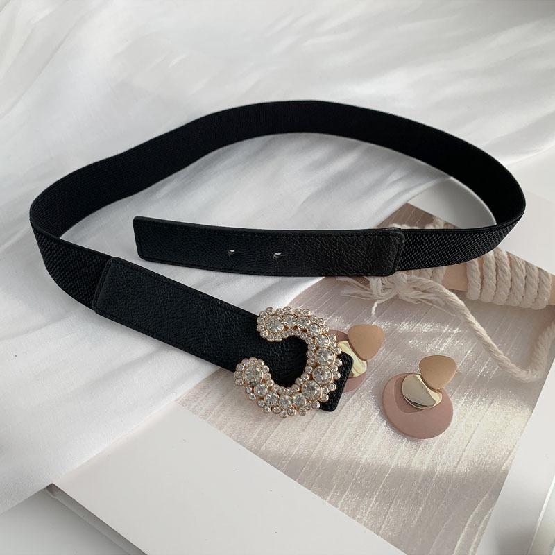 Womens Fashionable Faux Leather Elastic Waist Belt With Eyecatching Rhinestone Design