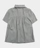 SOME PLACE Dot Layered Shirred Pocket Ribbon Strap Round Collar Short Sleeve Blouse Shirt [Charcoal]