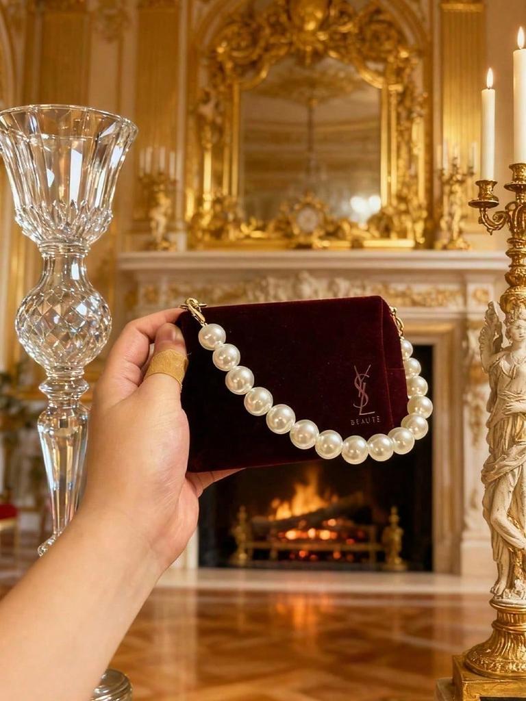 YSL Red Velvet Cosmetic Bag, Handcrafted Into a Pearl Chain Handbag, a Stylish Casual Bag