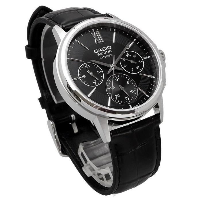 Casio BESIDE Quartz Men's Watch Sapphire Glass BMS-300L-1AV Black Leather Band Multi-Hand 24-Hour Display Black