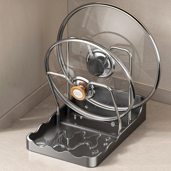 Countertop Pot Lid Holder Pan Lid Storage Rack with Drain Tray Pot Lid Stand with Spoon Rest While Cooking Kitchen