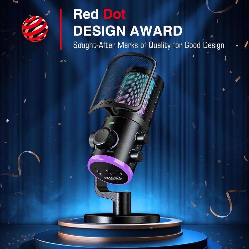 FIFINE USB Condenser Microphone for GamingChat Streaming, PC Gaming Microphone, Unidirectional, RGB Control, Volume Adjustment, Mute Button, Noise