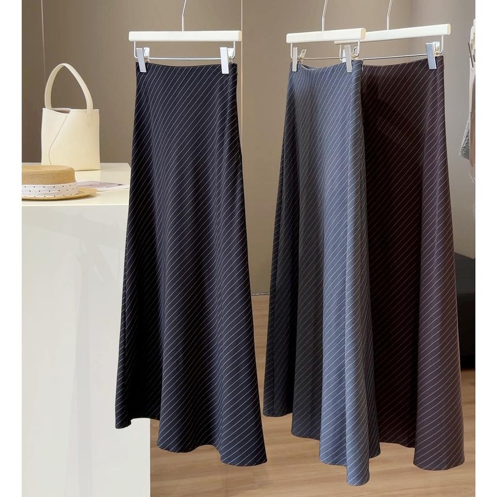 Women's High Waist Skirt Loose Fit Japanese Korean Casual Diagonal Stripe Maxi Skirt A-Line Skirt