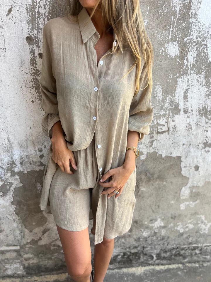 European & American Women's Cotton Linen Two-Piece Set: Solid Color Long Sleeve Crinkle Shirt and Casual Shorts (2025)