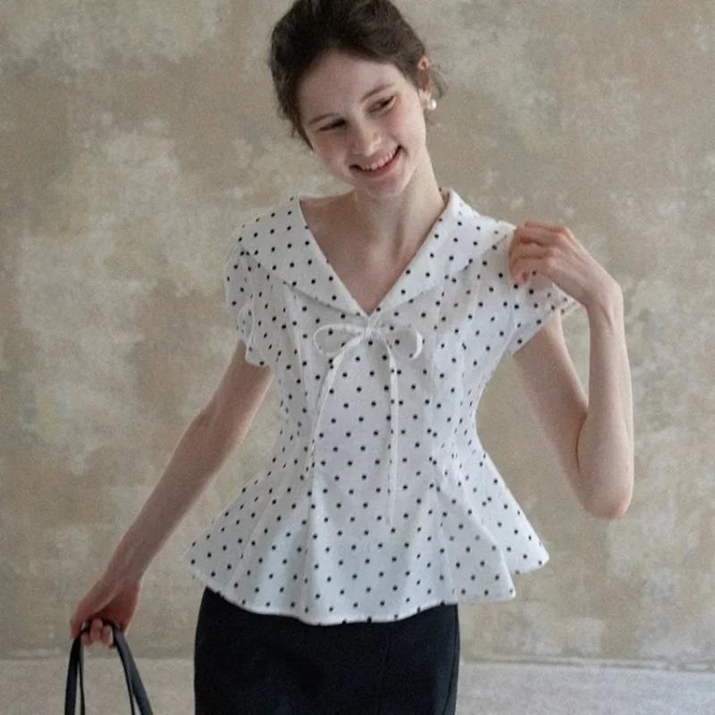 Women's White Polka Dot V-Neck Puff Sleeve Cinched Waist Peplum Casual Blouse