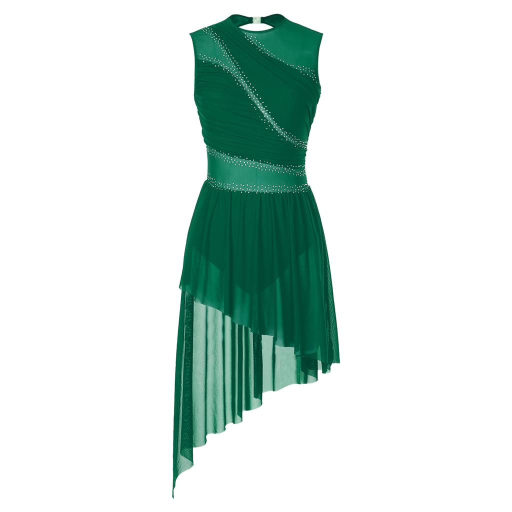Frauen Lyrical Dance Kleid Strass Sheer Mesh Tüll Flowy Trikot Eiskunstlauf Tanz Kostüm