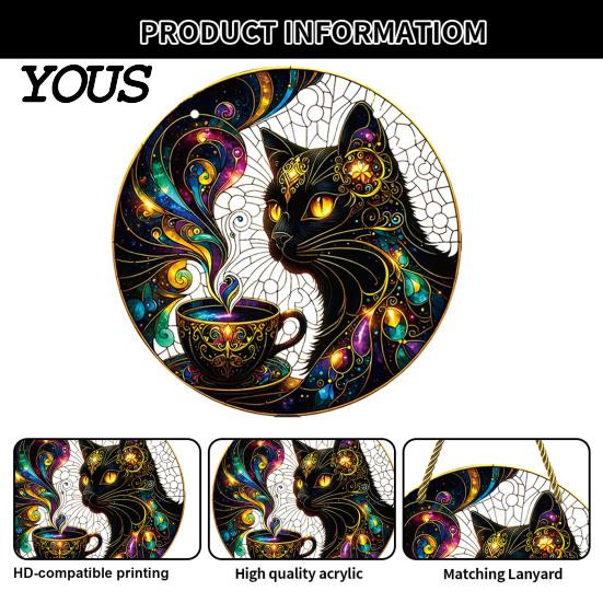 Decorative Window Sun Catcher Stained Glass Style Black Cat And Magic Coffee Cup Hanging Ornament for Wall Niche Pendant Decor, Acrylic Art Decor