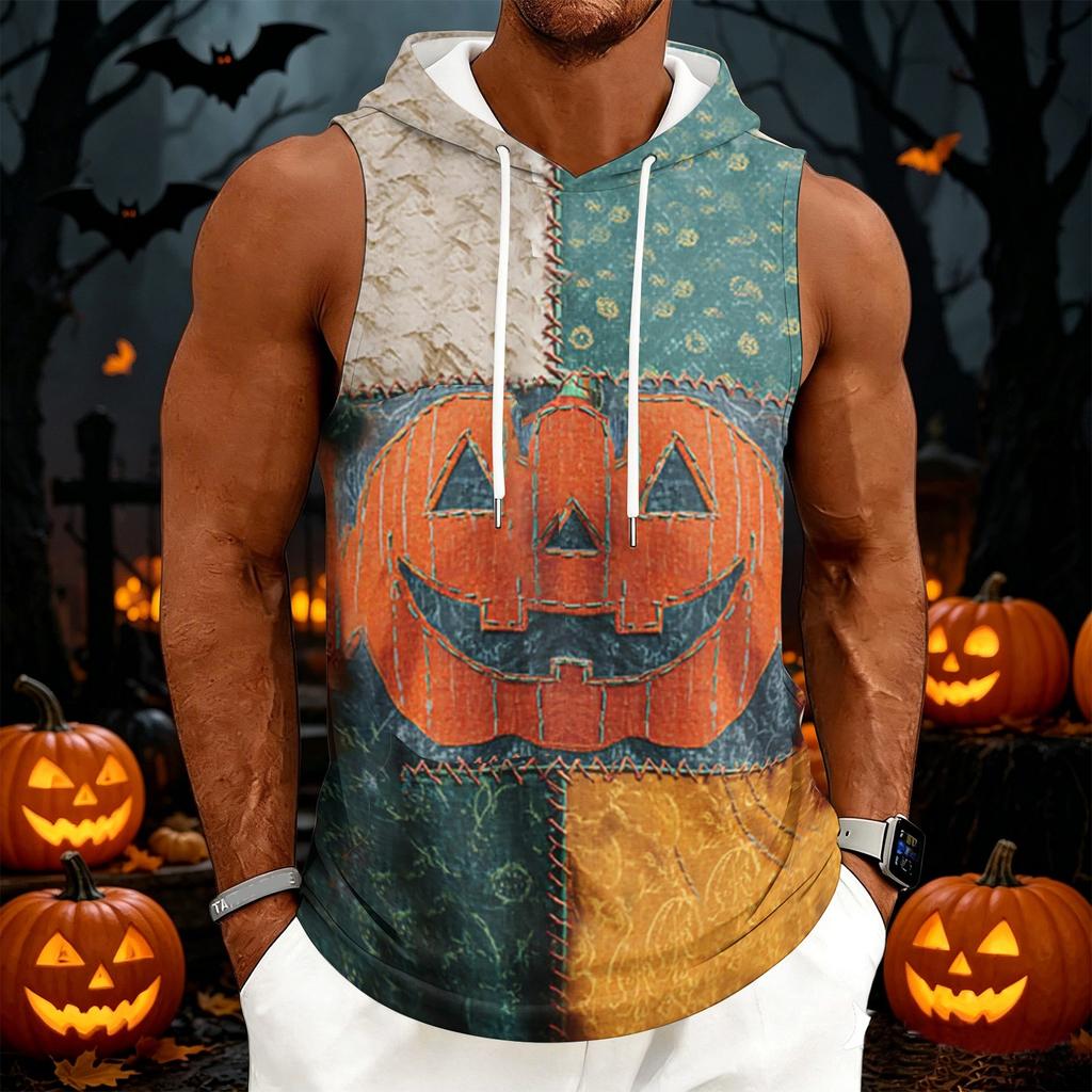 Men's Sleeveless Hoodie Casual Drawstring Hooded Tank Top Halloween Print Streetwear Muscle Fit Summer Vest
