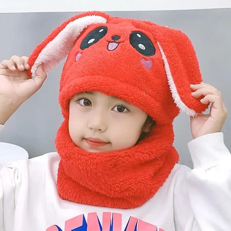 1-12Y Winter Cartoon Rabbit Coral Velvet Cap Plush Balaclava Kids Caps Double Fleece Baby Scarf Hat  Baby Accessories