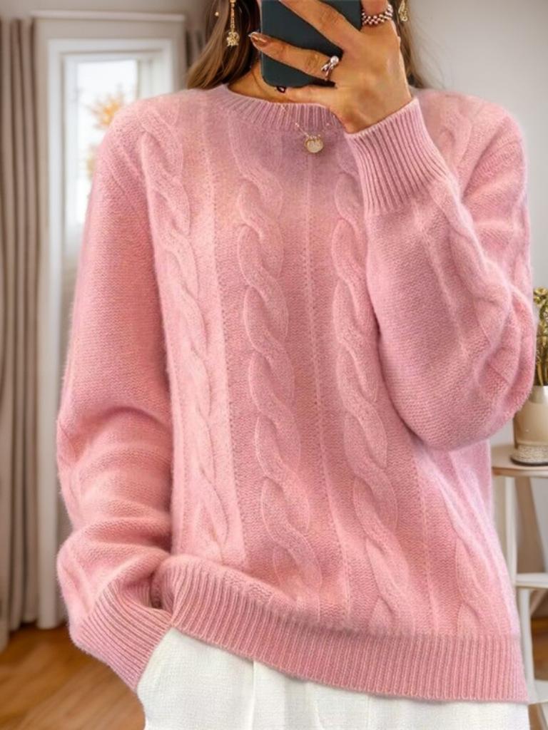 2024 Women's Autumn/Winter Casual Cable Knit Sweater - Solid Color Round Neck Pullover