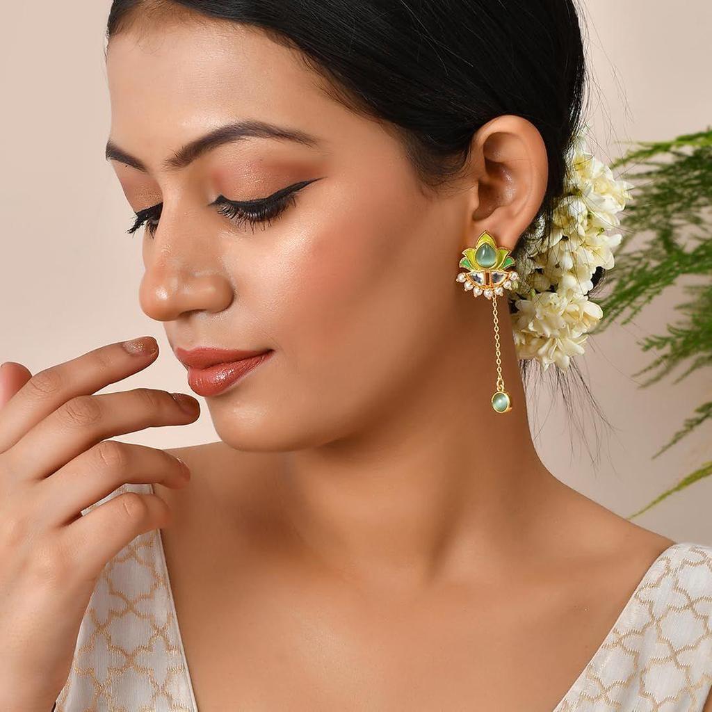 Forever More Green Stones and Pearls Enamelled Drop Earrings|Enamelled Earrings For Women|Wedding |Festive|Gift For Women