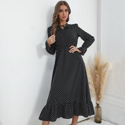 Women Spring V Neck  High Waist Printed Chic  Long Sleeve Polka Dot Long Dress