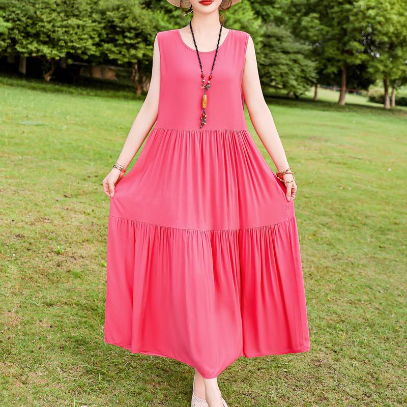 Elegant Sleeveless Dress for Women Plus Size Loose Vintage Print Long Dress Summer Middle-aged Women's Clothing