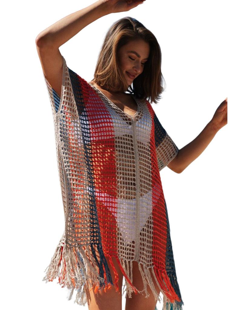 Azura Exchange Striped Tassel Crochet V Neck Beach Cover Up