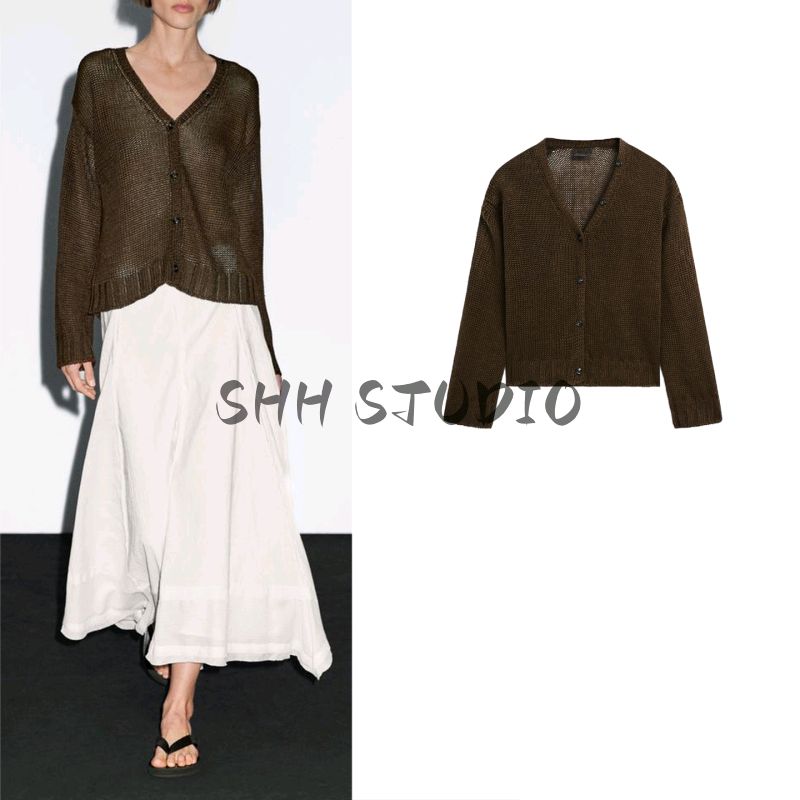 MD Spring/Summer New Arrival Women's Lazy Yandan Brown Light Linen Blend V Neck Knitting Cardigan 5634576