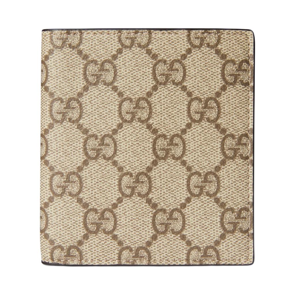 Gucci GG Supreme Beige Brown Bi-Fold Wallet, Classic Monogram Canvas Leather Trim, Men's Daily Travel Compact Card Holder 821206-FAED0-9786