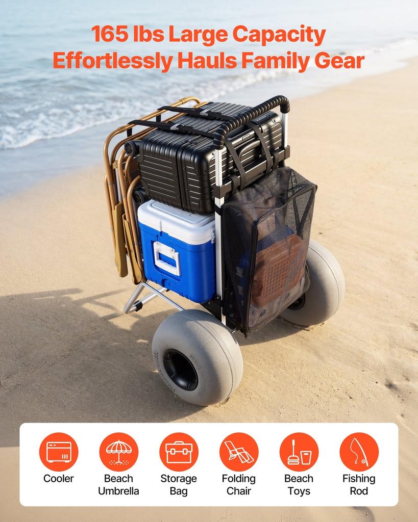 Beach Dolly with Big Wheels for Sand, 505 X 374 Mm Cargo Deck, Folding Sand Cart with 320 Mm Balloon Wheels, 75 Kg Load Capacity, 860-1160 Mm