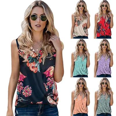 Holiday Beach Women Fold Floral Printed V Neck Sleeveless Vest Tank Top