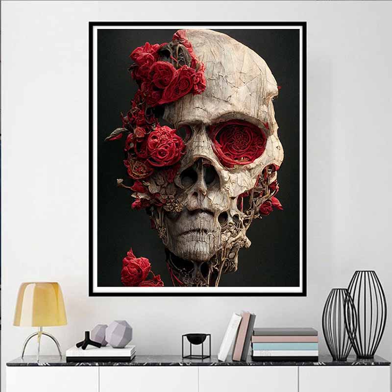 DIY Diamantmalerei Rose Schädel Kreuzstich-Set, Mosaik Kunst Diamantmalerei Vollkreis Diamant Heimdekor Wandbild