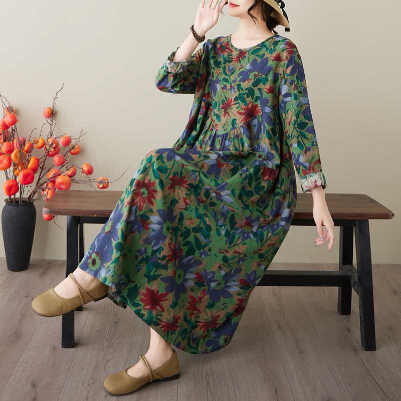 New Spring and Summer Retro Cotton and Linen Round-neck Floral Pocket Long-sleeved Dress for Women, Loose and Slimming A-line Dress