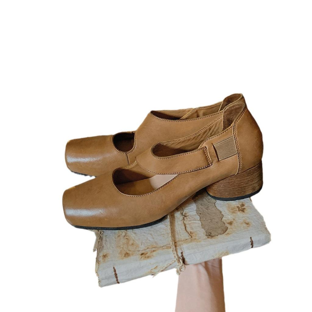 Sheepskin version~ high-end leather square head thick heel small leather shoes single shoes women's ballet style medium high heel Mary Jane ladyshoes