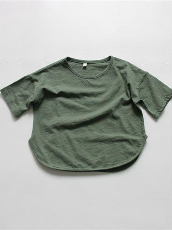 2025 Herbst Kinder Koreanischer Stil Rundhals T-Shirt, Locker geschnitten, Kurzarm, Baumwolle, für Mädchen & Jungen