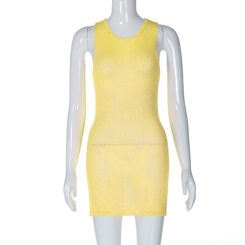 

European and American Women clothes 2024 Summer New Fashion Sexy Slim fit round Neck Sleeveless Wool Dress Foreign Trade Yellow L