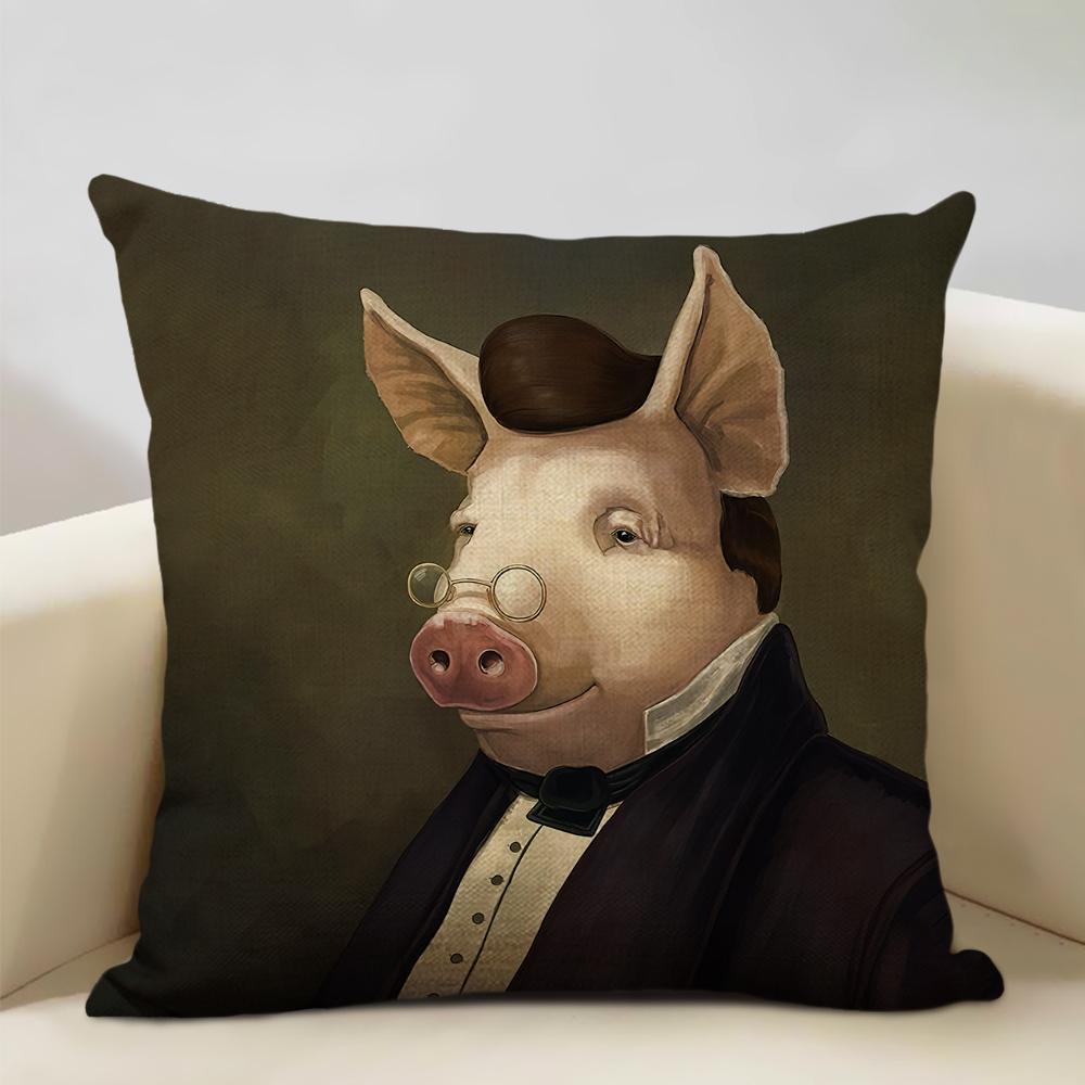 Animal Oil Painting Cushion Cover Home Sofa Decoration Pillow Case Cute Pig Pattern Pillowcase 45x45cm Linen Living Room Decor