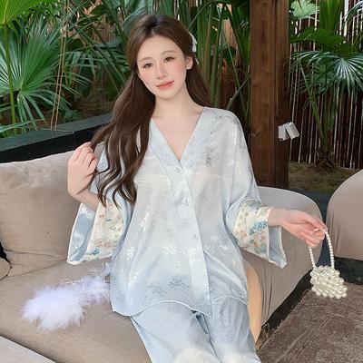 New Ice and Snow Silk Pajamas Women's New Cardigan Trousers Two-piece Set High-end National Style Loungewear Can Be Worn Outside