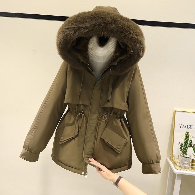 Big fur collar hooded pie overcomes women's autumn and winter drawstring waist pocket thermal cotton clothes