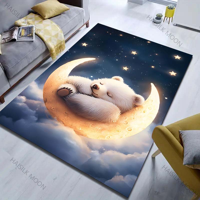 Kleiner Bär schläft auf dem Mond Druck Teppich für Schlafzimmer Wohnzimmer Bettseite Sofa Bodenmatte Moderne Heimdekoration Bereichsteppich Geschenke