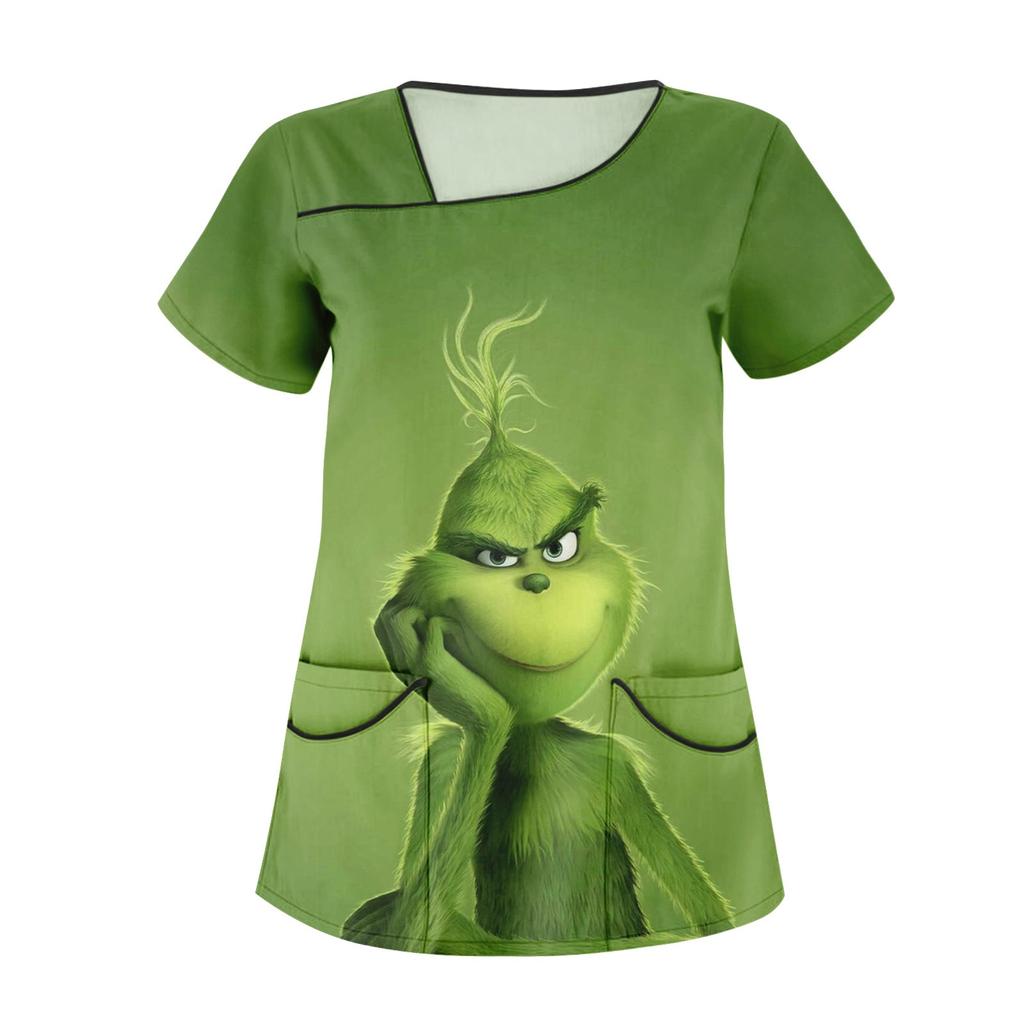 Dámské neformální vánoční kreslené pracovní oděvy s krátkým rukávem a dvojitými kapsami