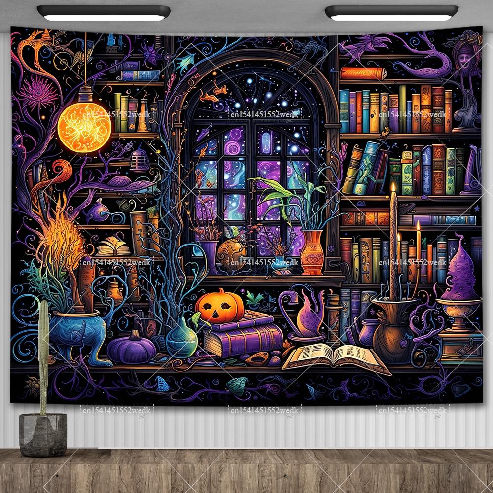 Witch's Library Staircase Tapestry Magic Bookshelf Tapestry Wall Hanging Altar Cloth Aesthetic Room Decor Book Shelves Backdrops