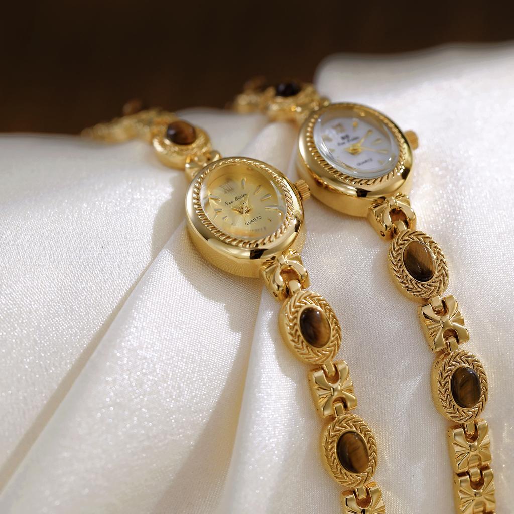 Vintage Oval Damenuhr Armbanduhr mit natürlichem Tigeraugenstein IP-beschichtete Legierung Quarz Uhr Retro Leichter Luxus Damenuhr für Kleider